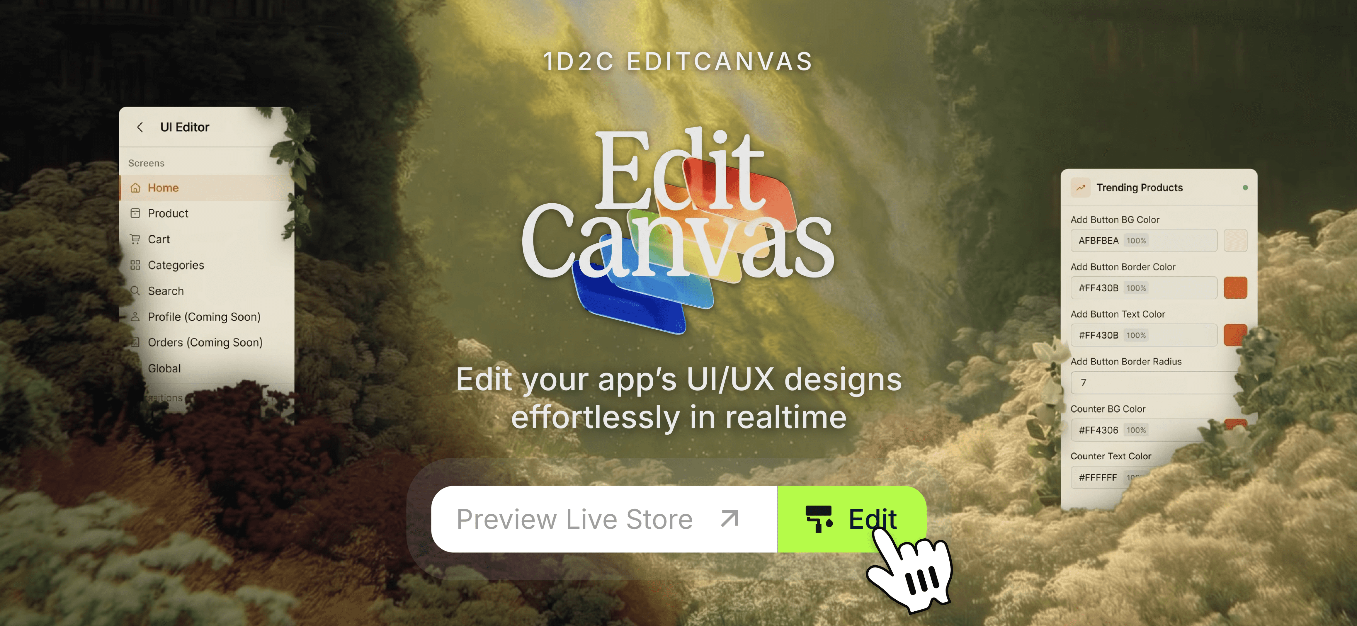 EditCanvas editor panels over a forest landscape