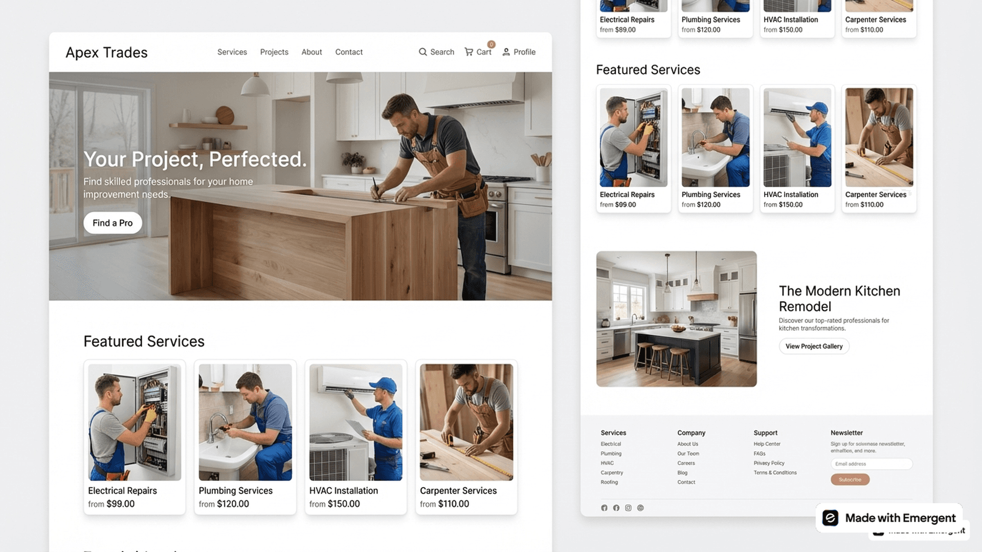 Tradesmen website made with emergent