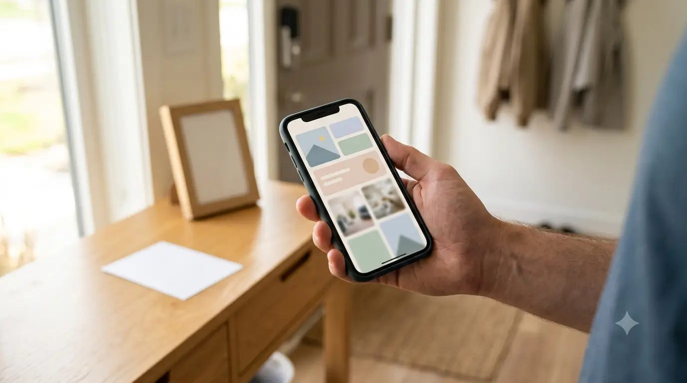A guest holding a phone showing a digital guidebook in the entryway of a vacation rental.