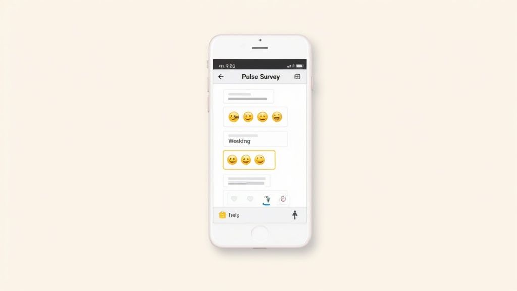 A smartphone displays a 'Pulse Survey' app with emoji response options for staff feedback.