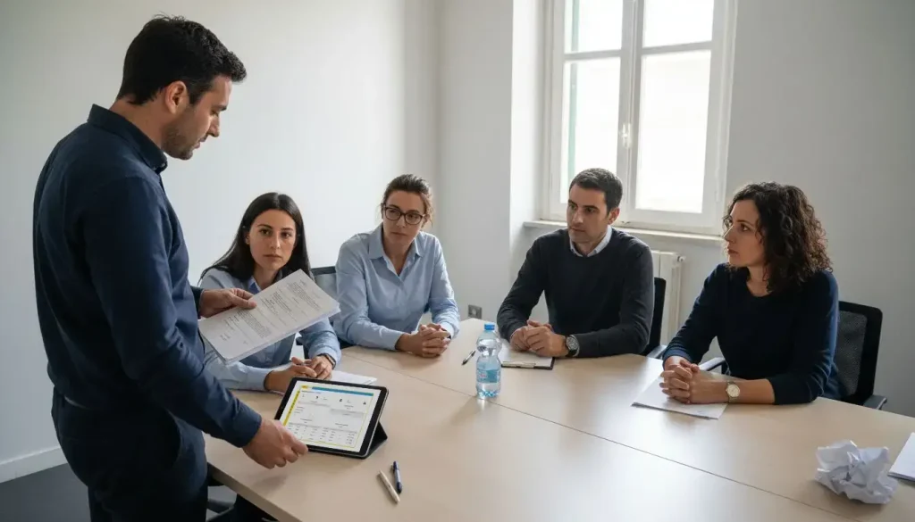 Il team si confronta sui processi, analizzando i documenti tramite il software sicurezza sul lavoro durante una riunione in sala.