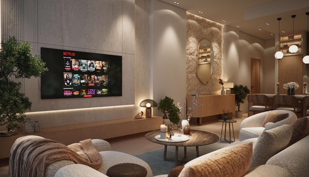 A modern living room featuring a large window and azure Lapis accents, creating a bright and inviting atmosphere.
