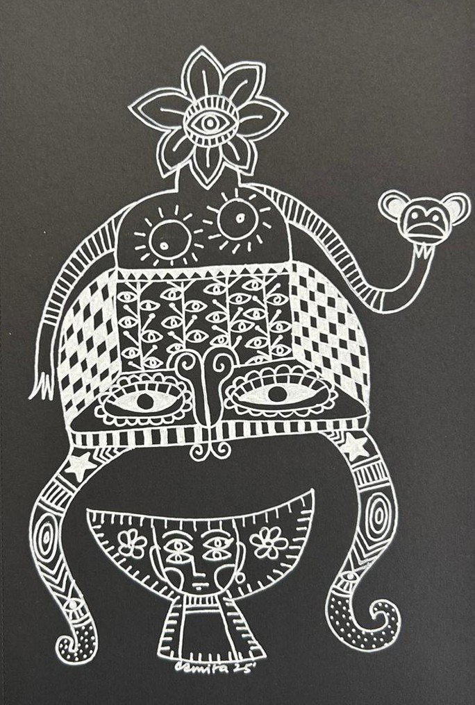 herd of sheep on road painting