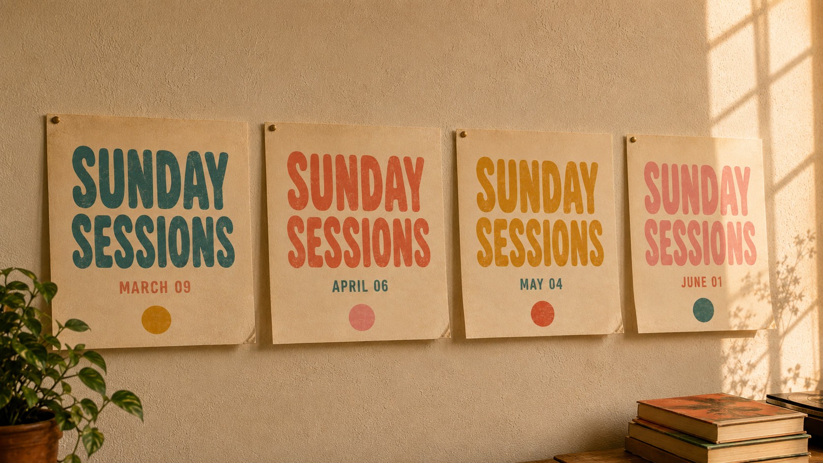 Four retro-style posters say "Sunday Sessions" in bold colors. Dates below are March 09, April 06, May 04, and June 01. A plant and books are nearby.