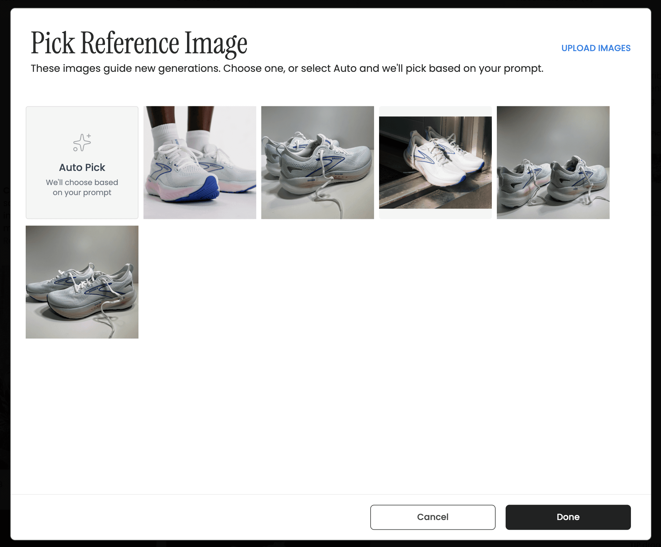 The Pick Reference Image dialog, with Auto Pick alongside the uploaded product shots