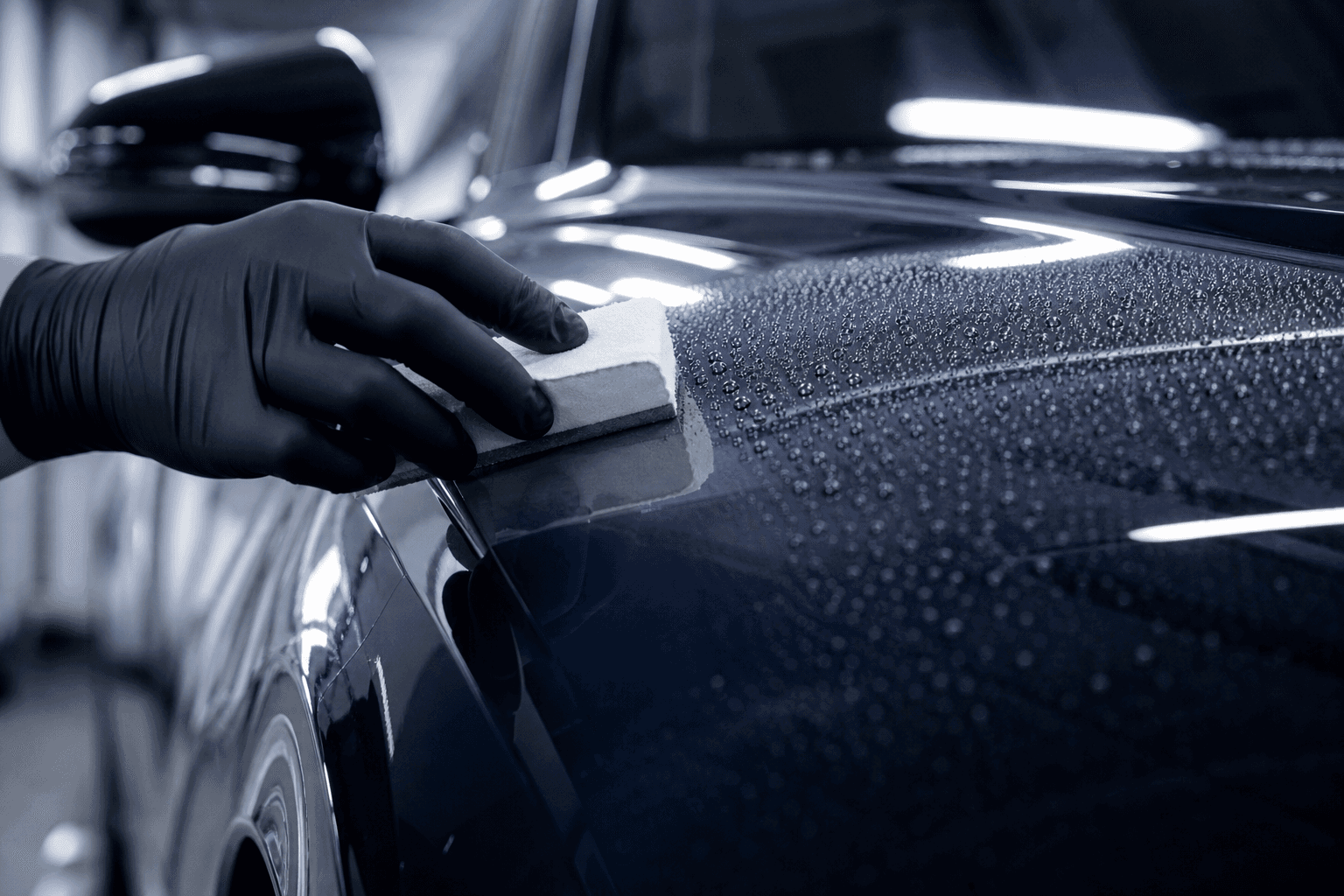 Detailer applying ceramic coating to a car panel with an applicator block, water beading on the paint