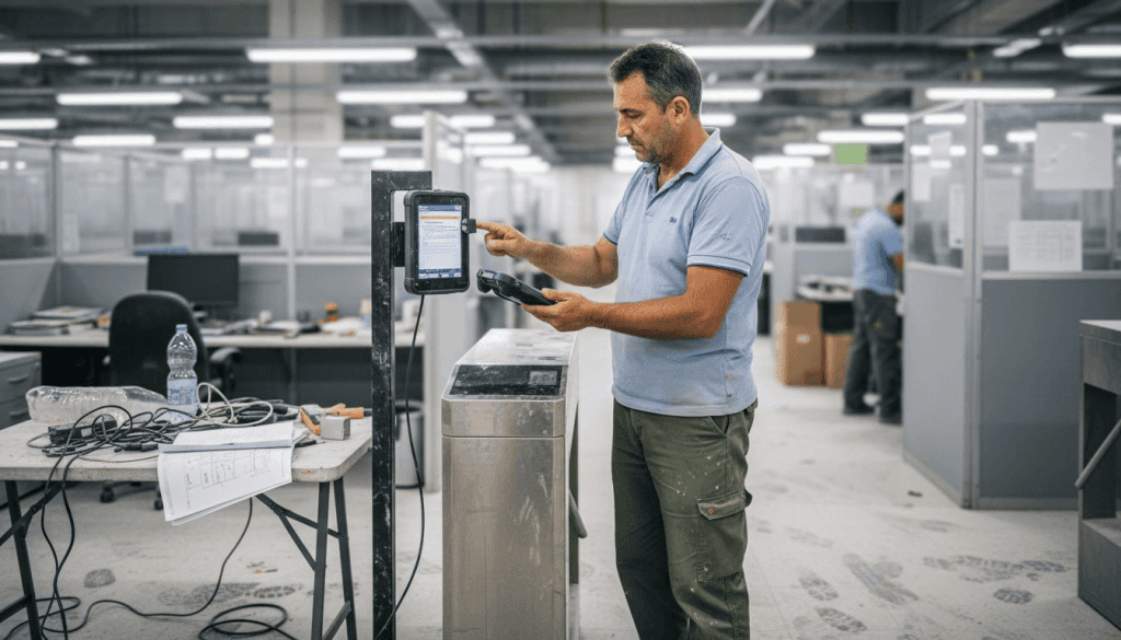 Un tecnico sta controllando il lettore biometrico installato al tornello.