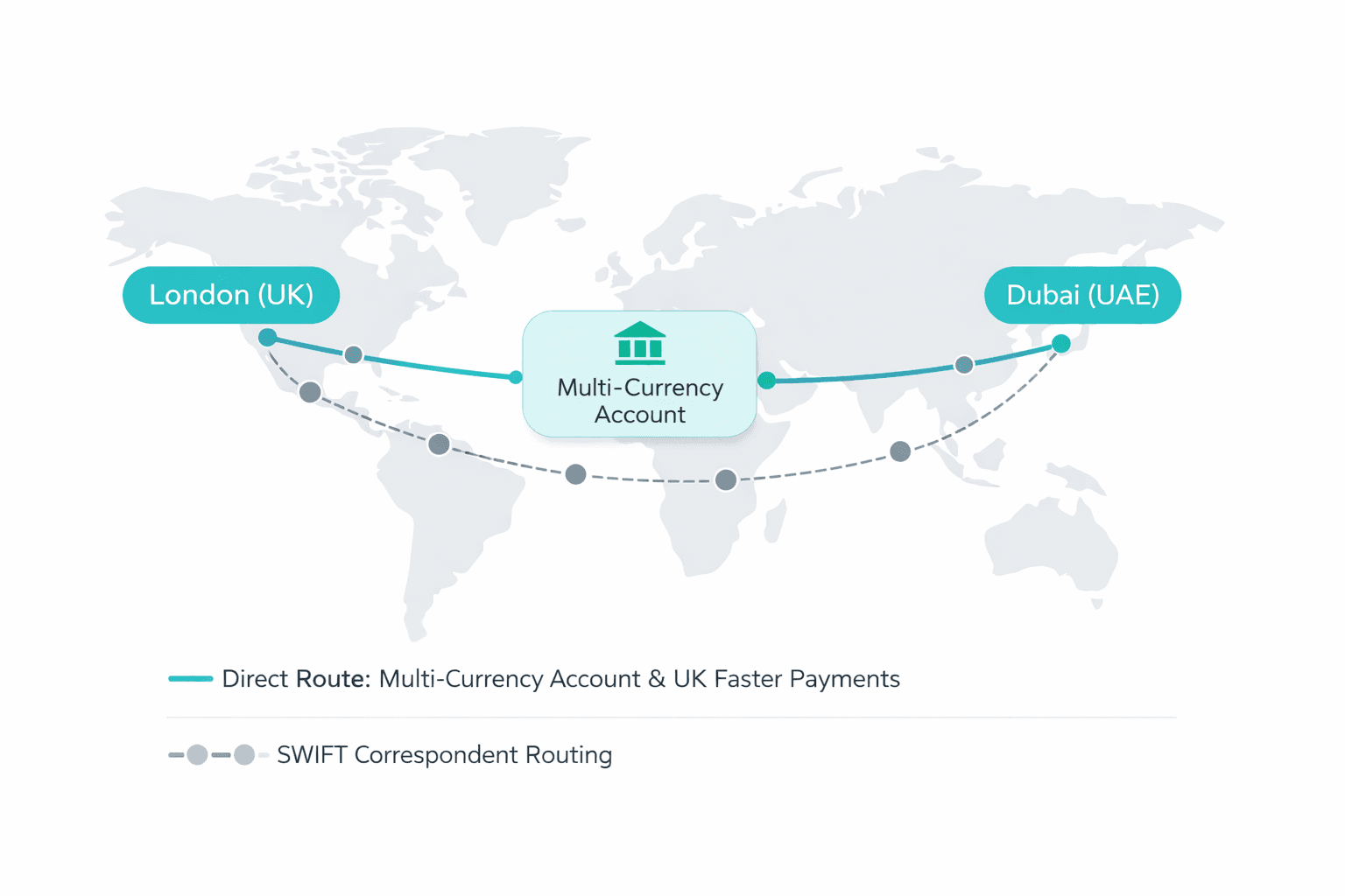 Map illustrating payment flow between UAE and UK business hubs, comparing direct GBP Faster Payments routing with multi-hop SWIFT correspondent banking transfers.