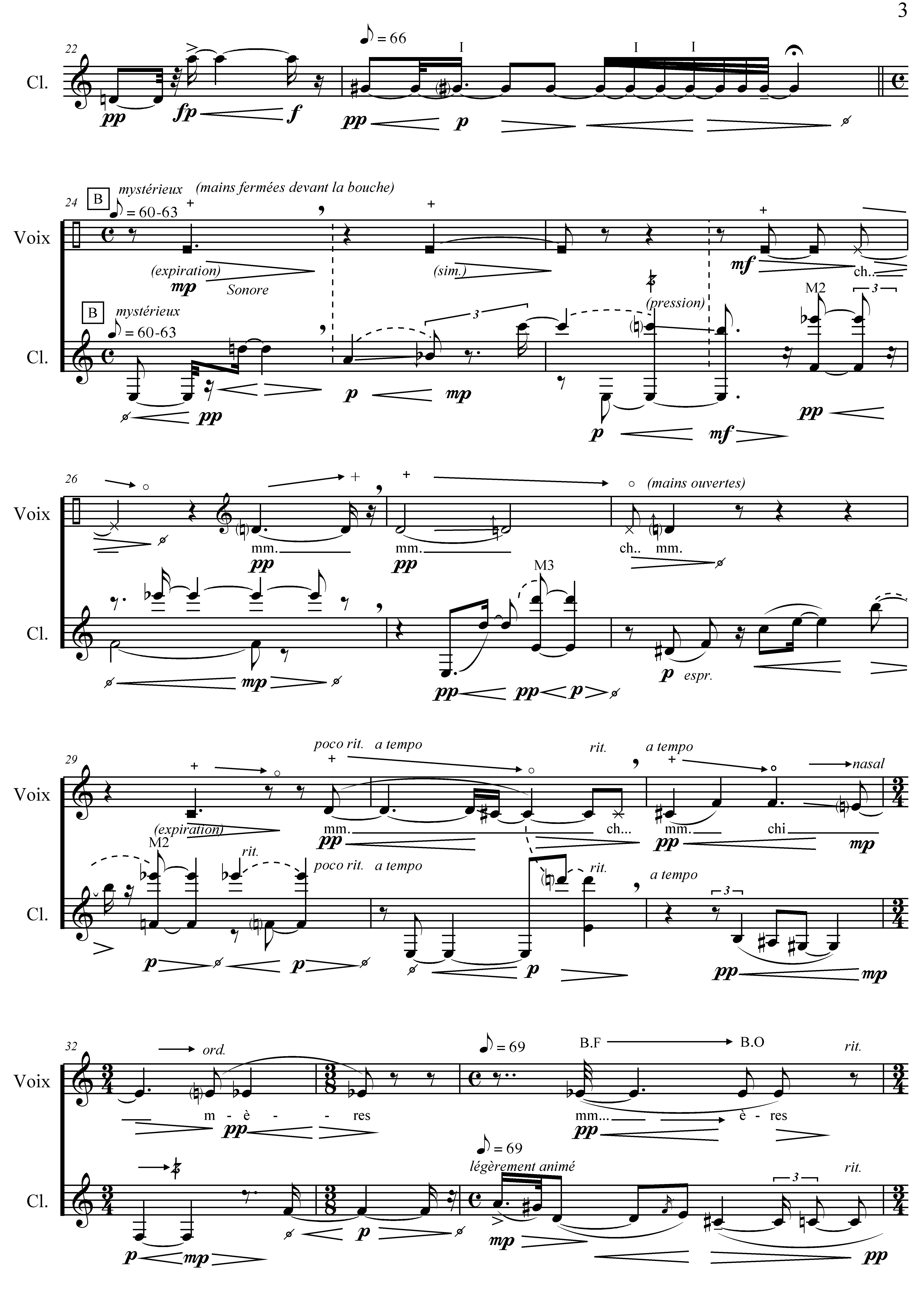 Score excerpt from Chimères… Improvisation sur René Char showing voice and clarinet · breath and articulation.