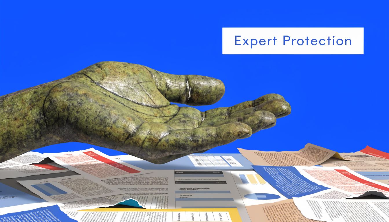 A bronze statue hand hovering over a collection of important legal documents and financial reports on blue.