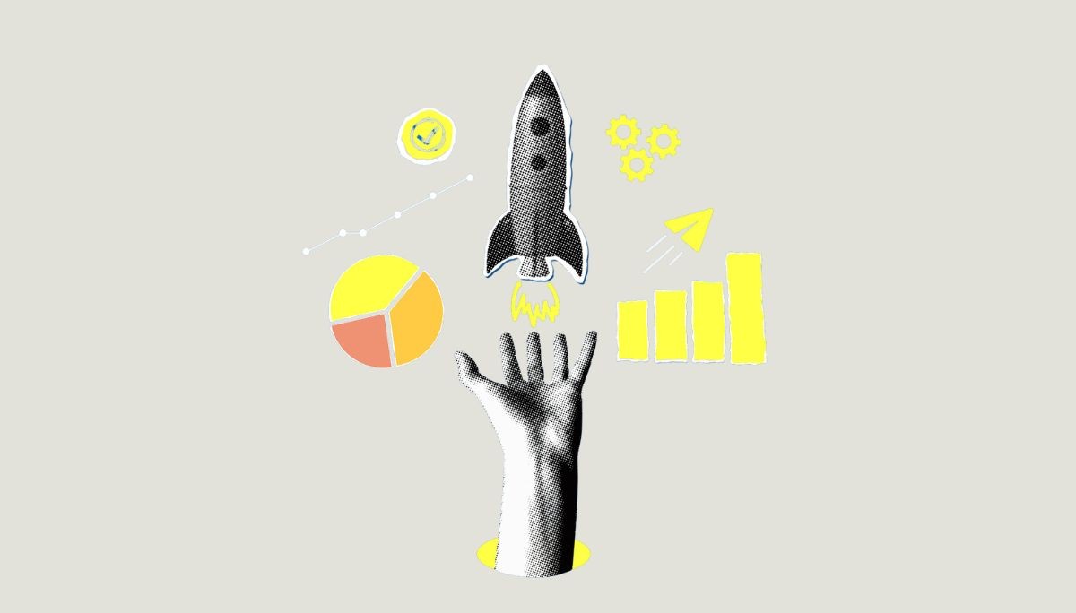 Hand reaching toward rocket with charts and gears, symbolizing best software and productivity tools for startups that scale.