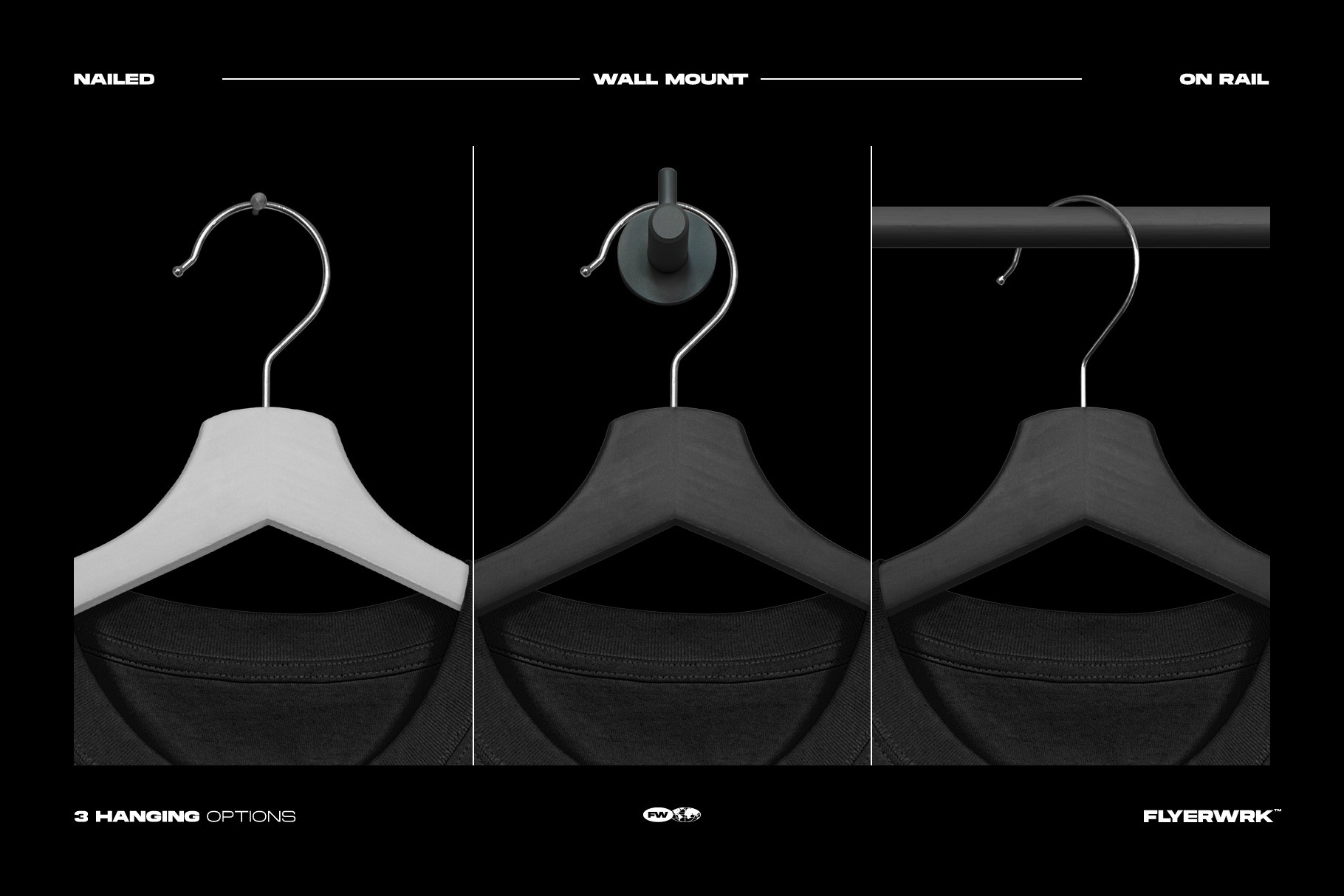 Rue Porter T-Shirt hanging mockup with different hanger display options