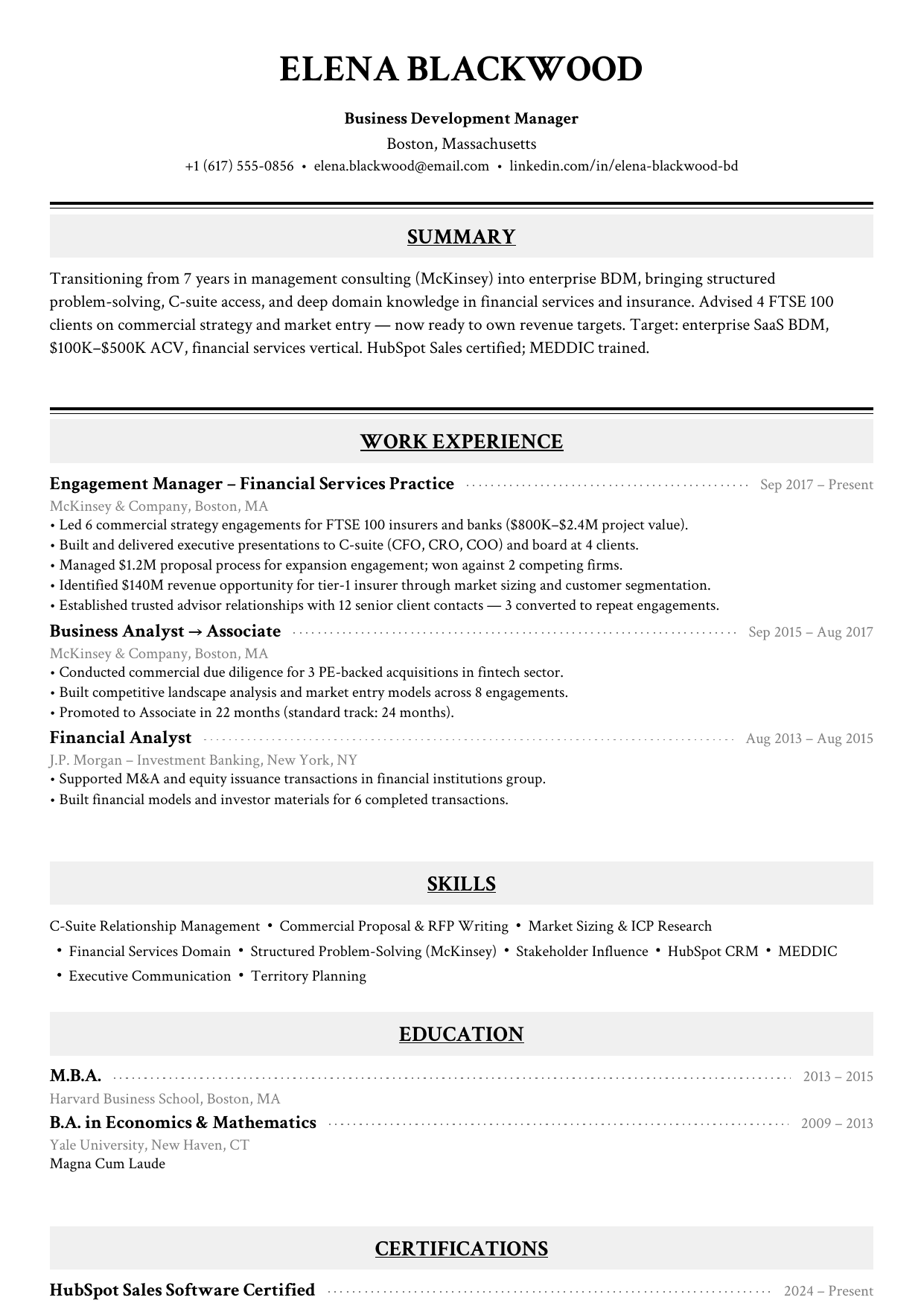Career change into business development resume example