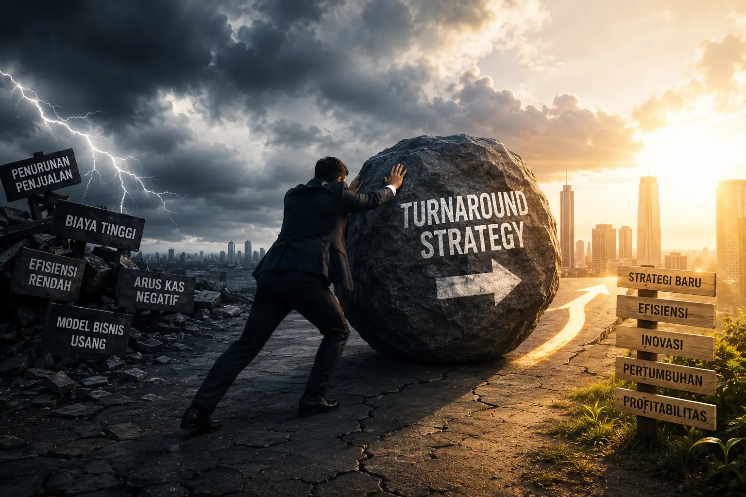 Ilustrasi pemimpin perusahaan merancang strategi turnaround bisnis di tengah krisis global