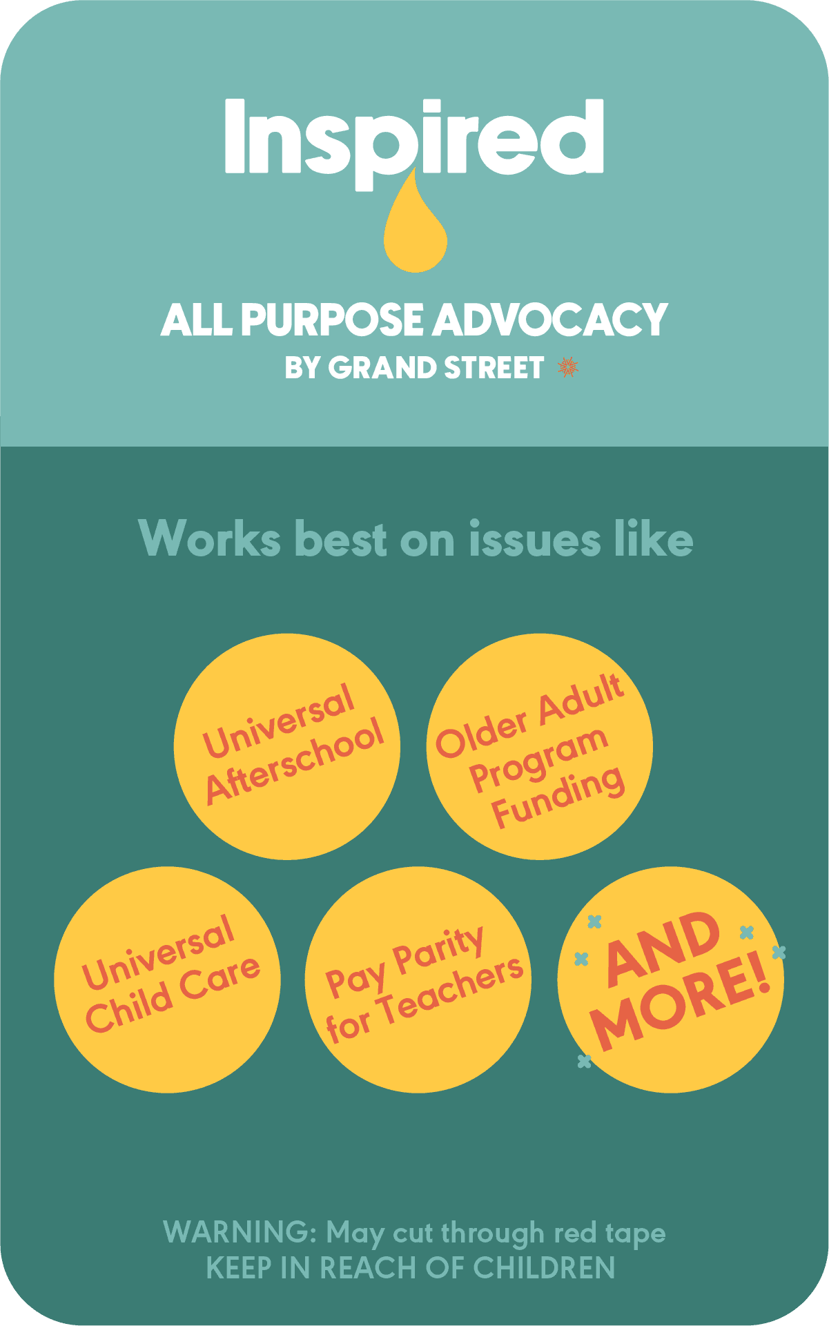 Whimsical design for a cleaning solution spray, Inspired: All-purpose Advocacy by Grand Street. The front and back of the spray bottle detail areas where Grand Street conducts advocacy work. Detailed description below.