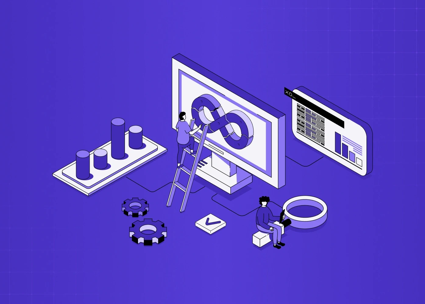 Isometric illustration of people analyzing data and improving a digital product interface with charts, gears, and testing elements.