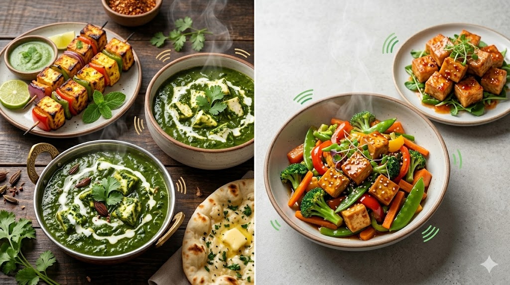 A side-by-side food comparison showing traditional Indian Paneer Tikka skewers and Palak Paneer curry with naan on the left, and modern healthy Tofu stir-fry and Tofu bites with broccoli and vegetables on the right. Both sides show steam rising and a visual representation of flavor and nutrition.