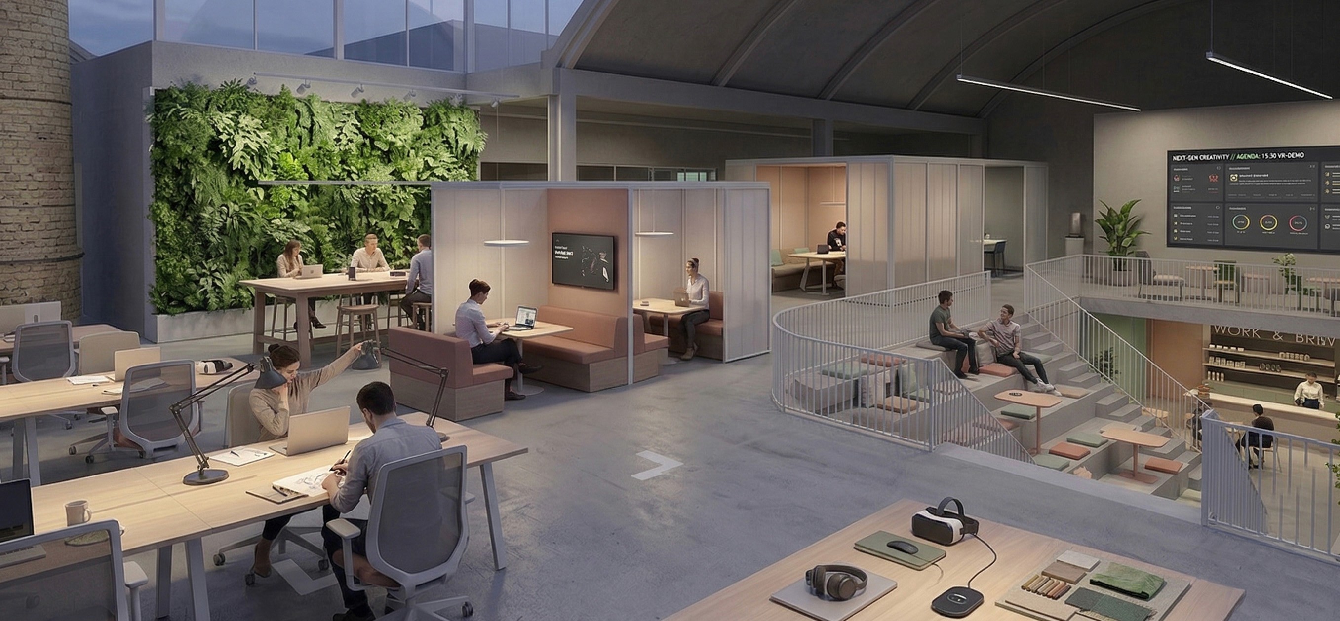 Mehrgeschossiger Innenraum der Super-Garage mit Plattformstrukturen und flexiblen Arbeitsbereichen im Industrieumbau der Dieter Schwarz Stiftung