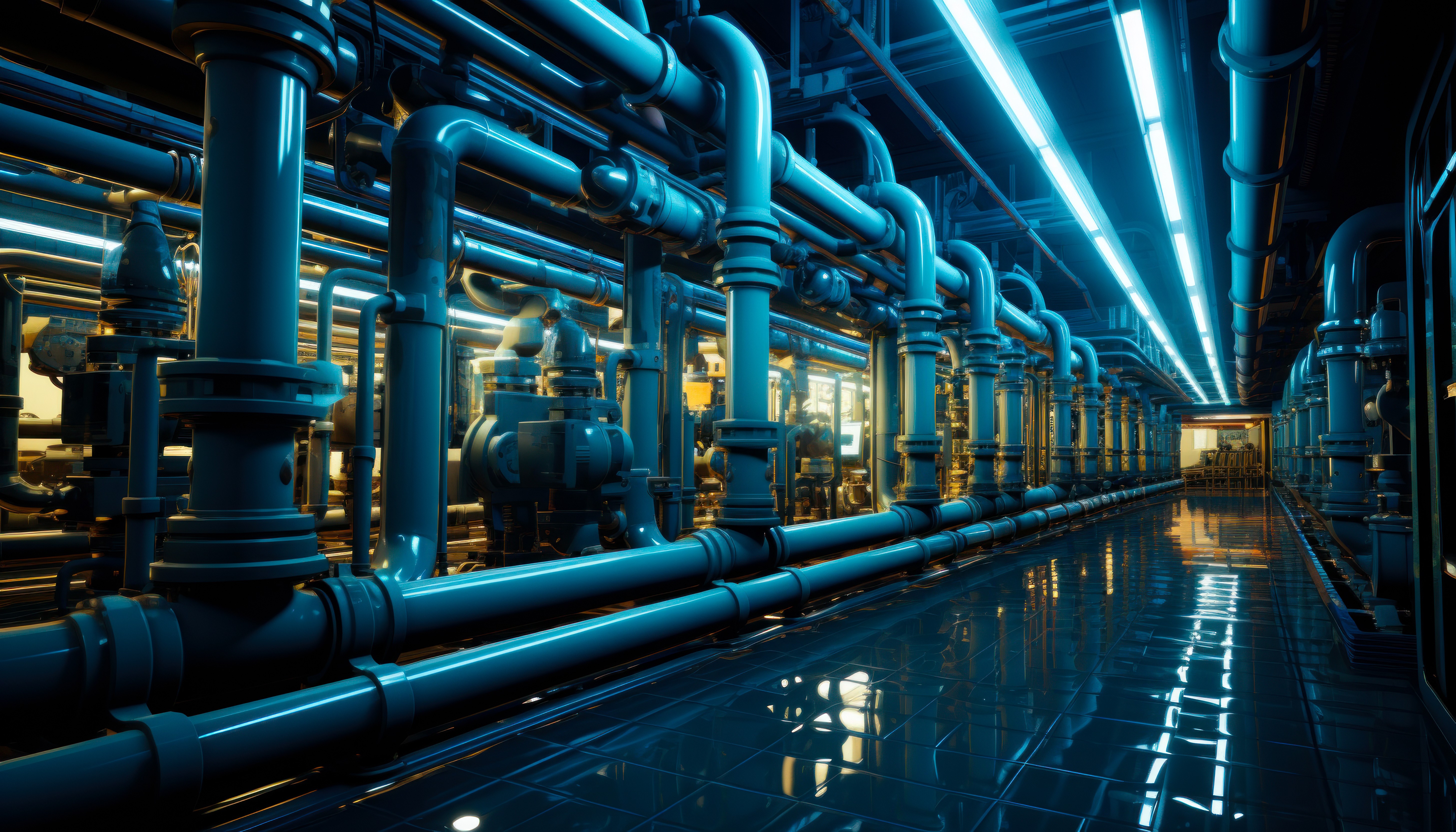 Long industrial corridor lined with large blue pipes and valves under bright strip lighting