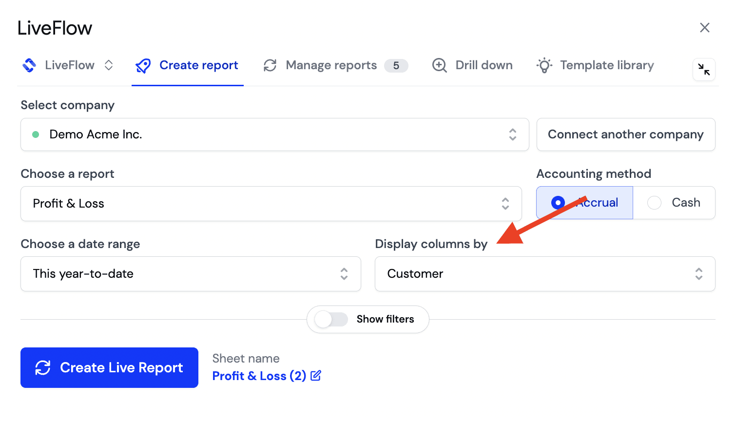 Live P&L Report with each customer listed as its own column