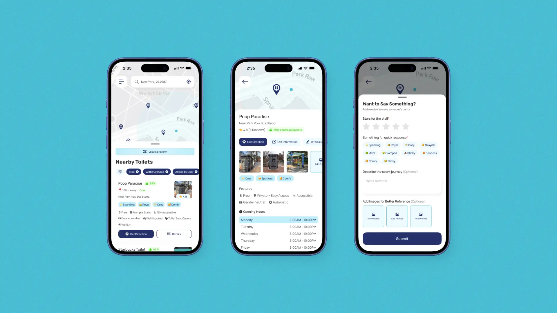 Mobile app UI design showing a large map interface with restroom location pins and scannable utility tags.