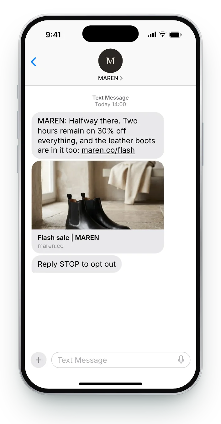 Two hours left of four flash sale text on an iPhone