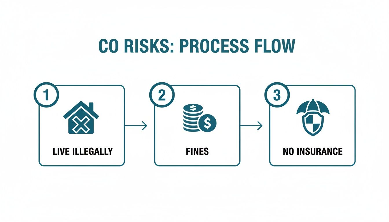 A three-step process flow illustrating CO risks: living illegally leads to fines and no insurance.