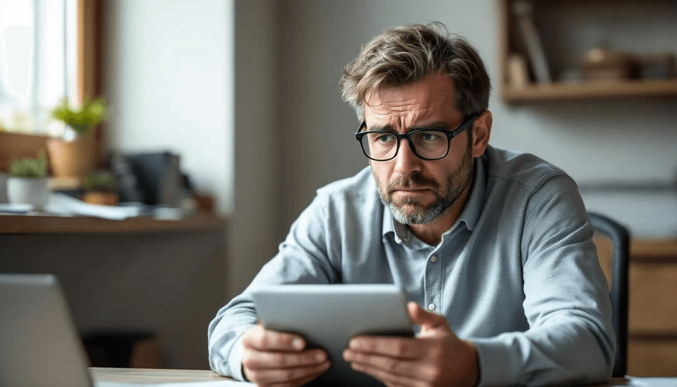 A person is sitting with a tablet, reviewing their LinkedIn profile, displaying a concerned expression as they contemplate their personal brand and professional growth. This moment reflects their journey of self-discovery and the importance of developing a strong personal brand in today's competitive job market.
