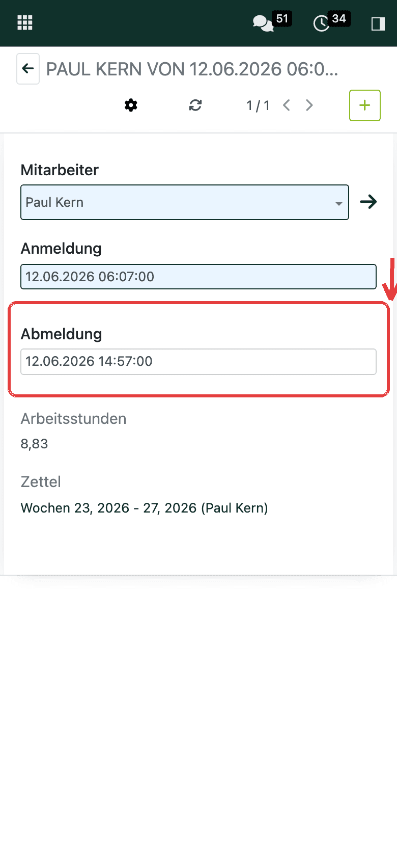 Anmeldung und Abmeldung stehen als eigene Felder da: antippen, korrigieren, oben speichern.