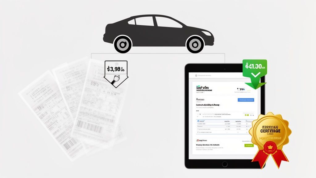 Illustration comparing physical car expense receipts with a digital invoice on a tablet, highlighting savings.