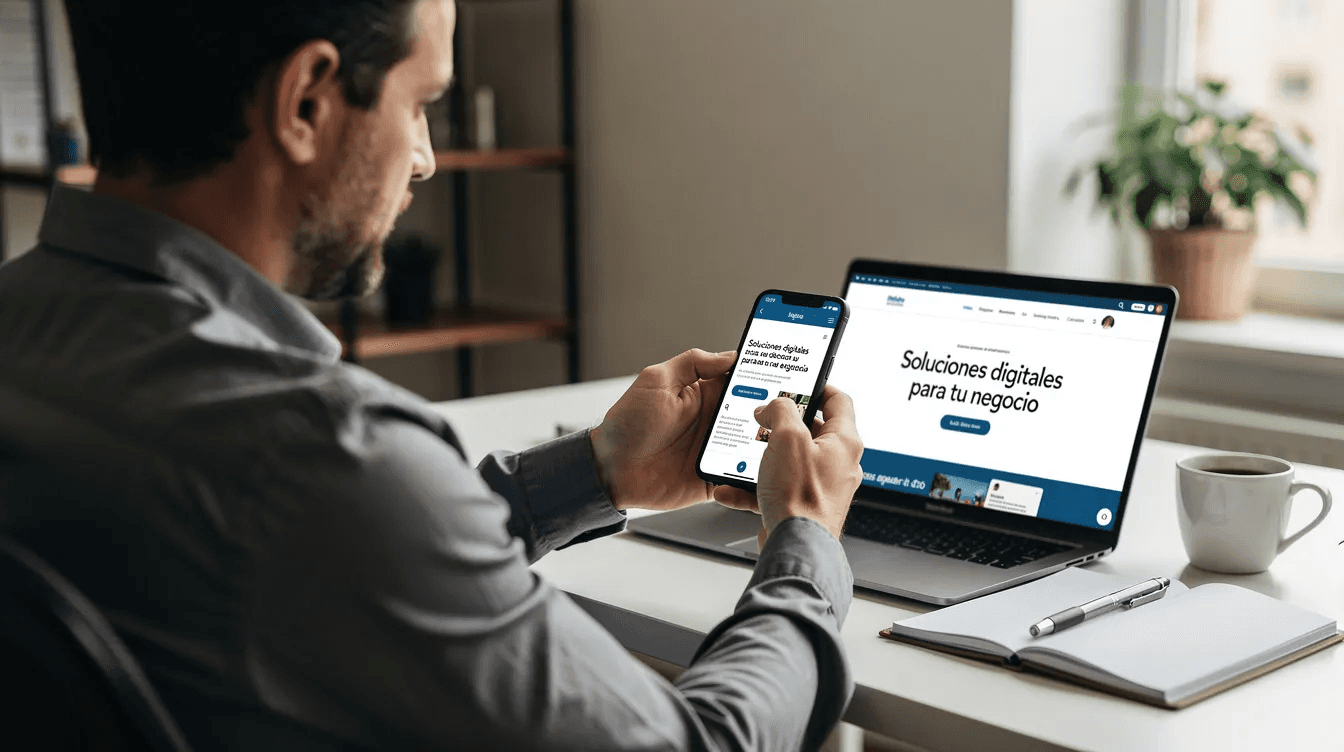 Una persona está revisando un sitio web en su teléfono móvil mientras trabaja en un escritorio de oficina, rodeada de documentos y materiales de branding. La imagen refleja el proceso de rebranding y la importancia de la presencia digital en el mundo empresarial actual.