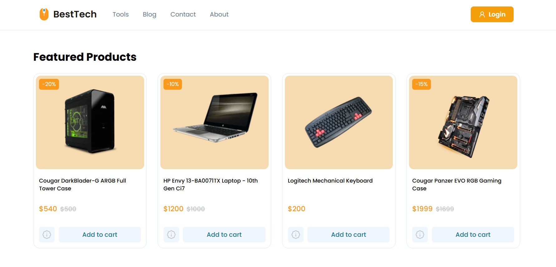 Sección Featured Products de BestTech con cuatro productos tecnológicos en oferta y botón “Add to cart”