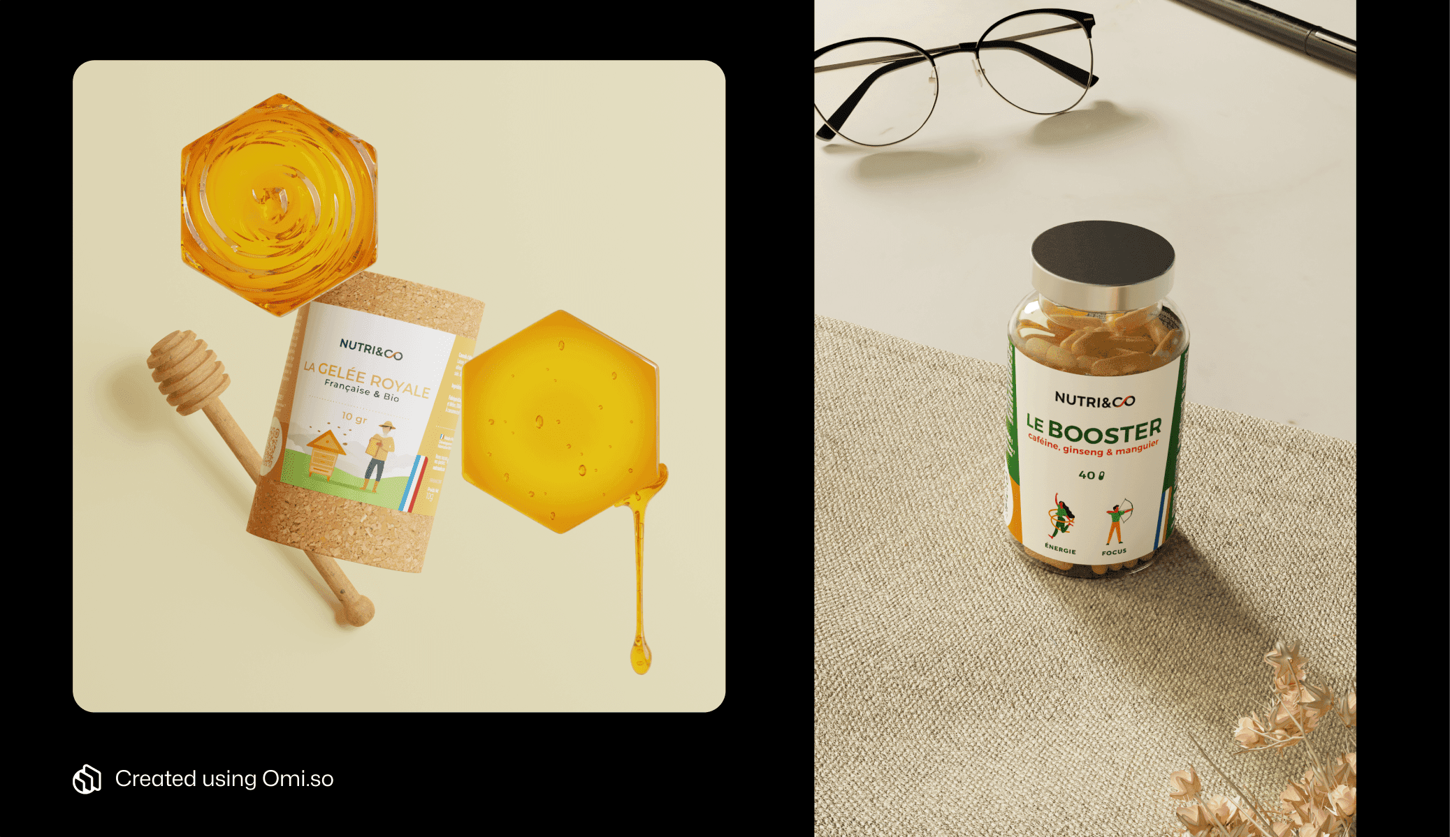 Packshots of supplement with honey decoration and Booster supplements on beige tablerunner next to flower and glasses