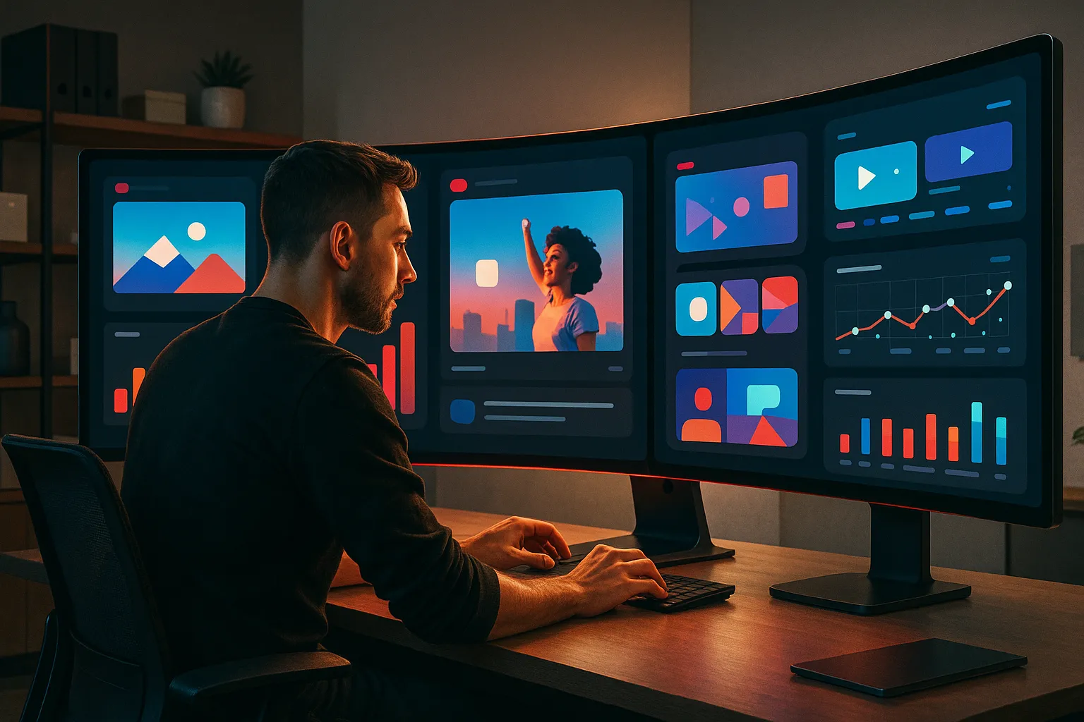 Man at desk with multiple screens, working at RockN' Socials Digital Marketing.