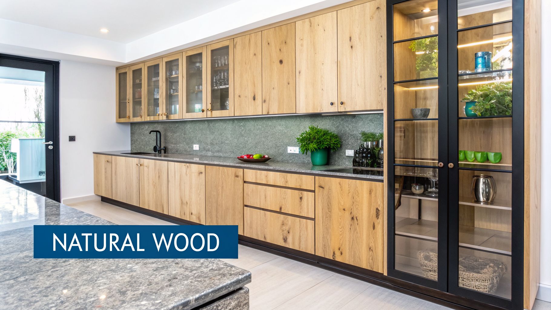 Modern kitchen featuring natural wood cabinets, a gray granite countertop, and a stylish black display unit.