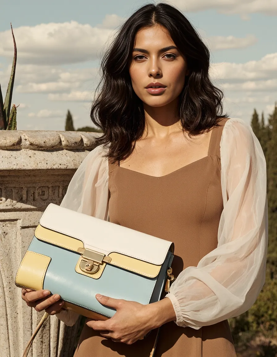 Fashion photograph featuring a brown dress with sheer sleeves, pastel handbag, against stone architecture and cloudy sky backdrop