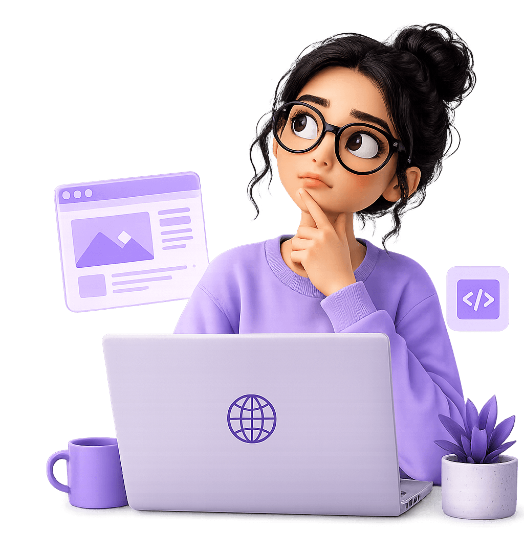 A thoughtful young woman in glasses ponders at her laptop while working on a web development project, surrounded by icons representing coding and design, with a mug and a small desk plant adding to the tech-savvy workspace atmosphere.