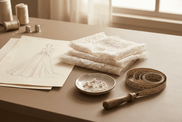 Couture wedding dress sketch with fabric samples and atelier planning notes