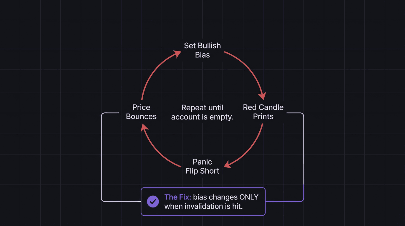 Circular flowchart showing the bias-flipping spiral versus the fix of only changing bias when invalidation is hit
