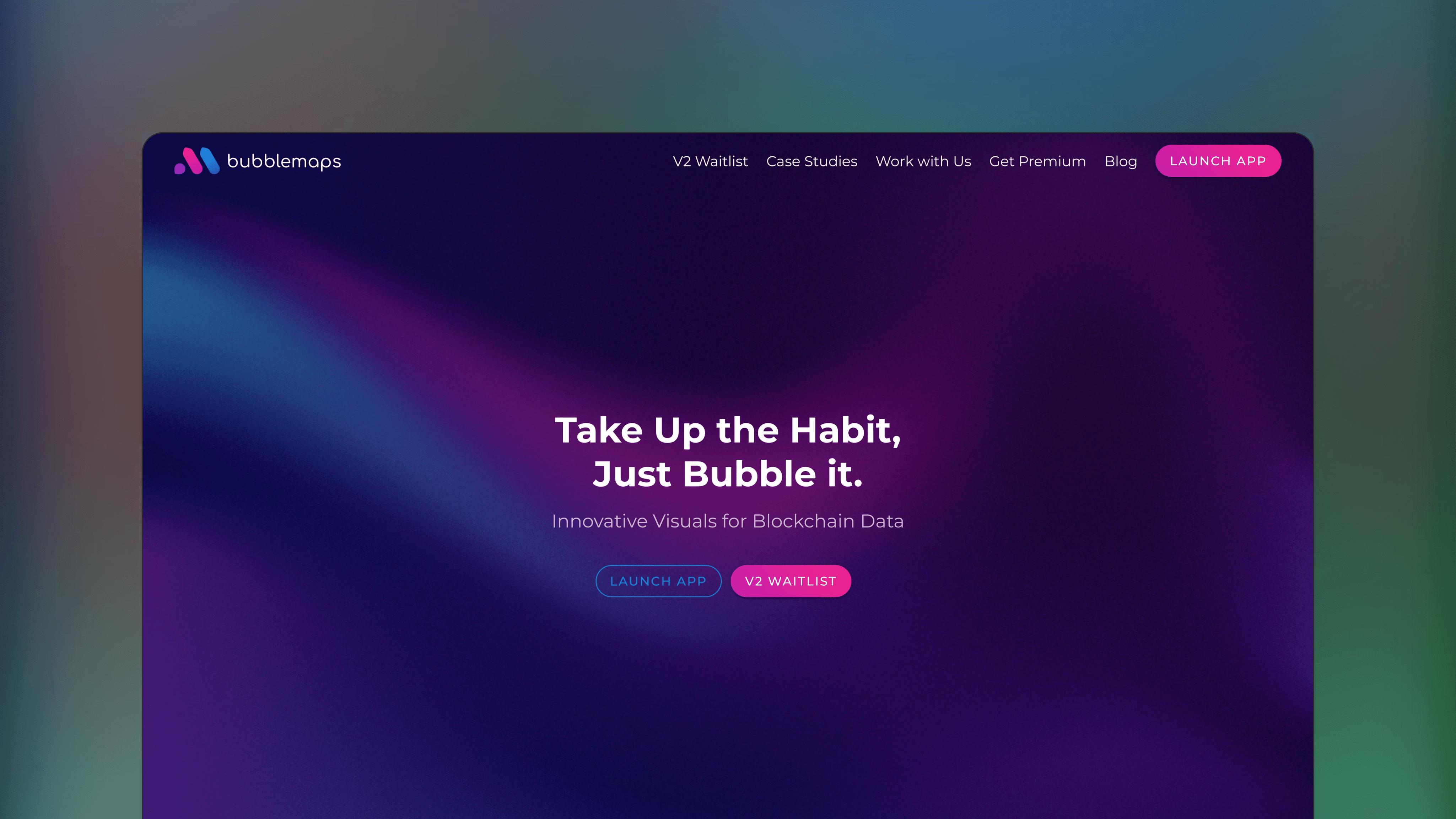 Website preview of Bubblemaps, trade analytics crypto platform displaying a map of interconnected bubbles representing wallet holdings.