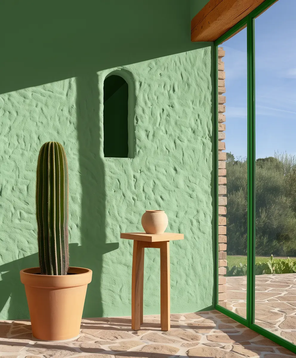 A bright, sunlit room with a textured mint green wall, a tall cactus in a terracotta pot, and a small wooden stool holding a ceramic vase next to a glass door.
