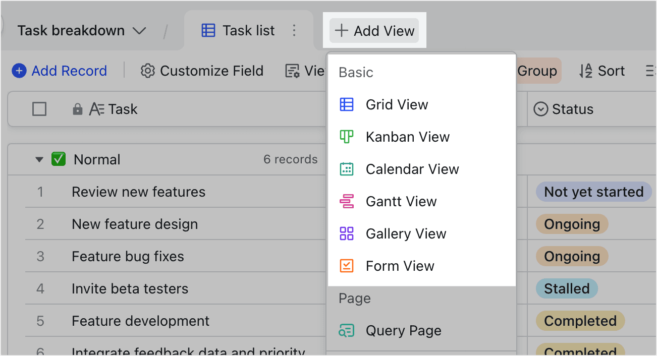 The different views that show project management data from different perspectives