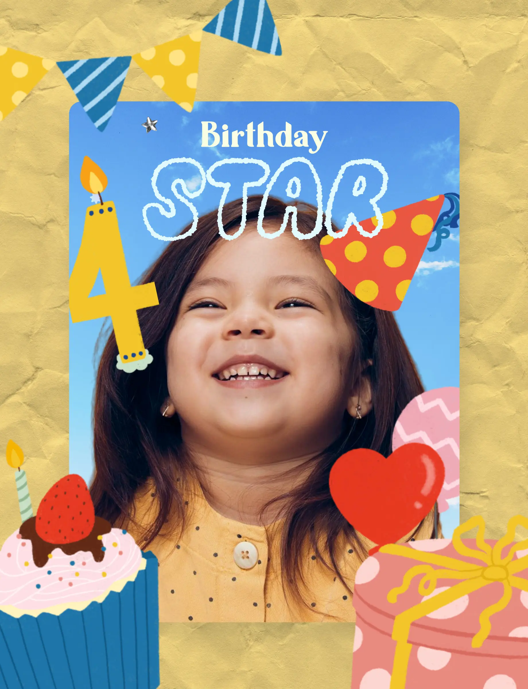 Group of kids holding presents being added into a birthday card with frosting and cherry decoration frames