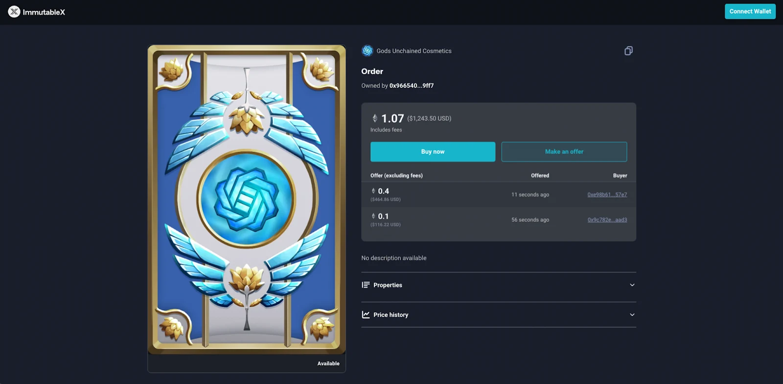 A marketplace interface of ImmutableX