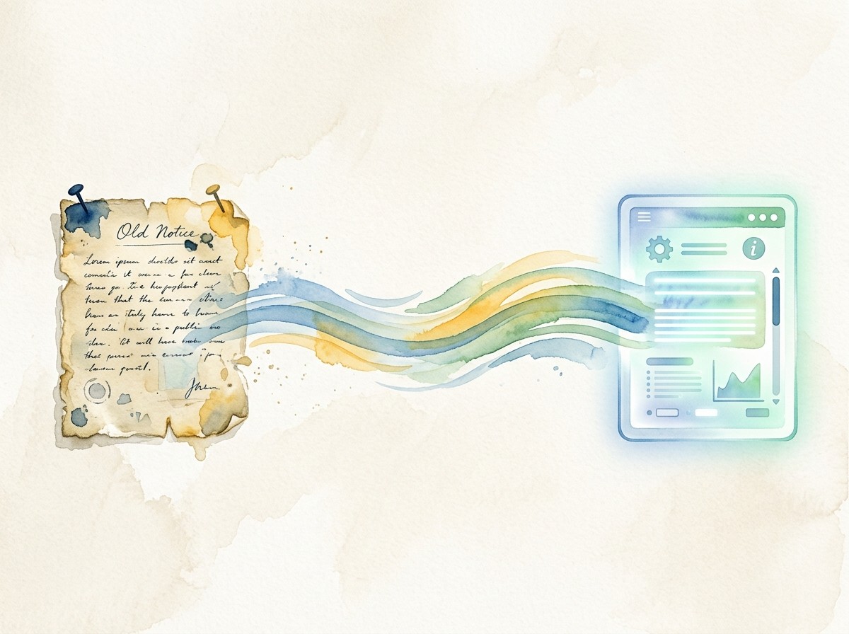 Watercolour of an aged parchment notice flowing in coloured ribbons into a glowing web page, tracing print to digital.