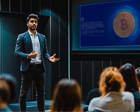 Speaker delivering a presentation on Bitcoin to an engaged audience in Sri Lanka, showcasing the importance of educational workshops.