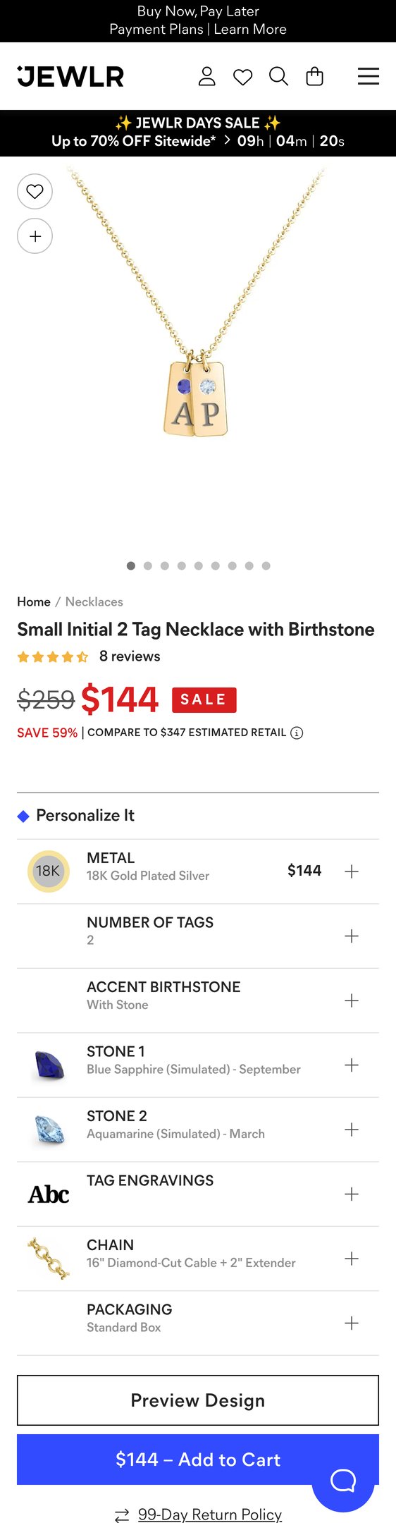 Jewelry product options include: necklace, birthstone for 18K Gold Plated Silver Small Initial 2 Tag Necklace with Birthstone from Jewlr.