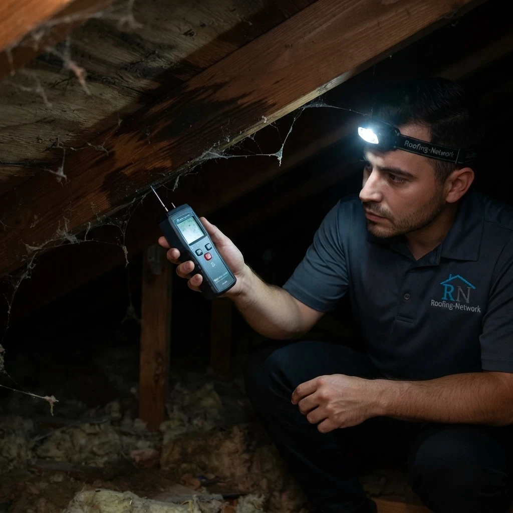 Roofing Network inspector tracing a roof leak path in an attic using a moisture meter