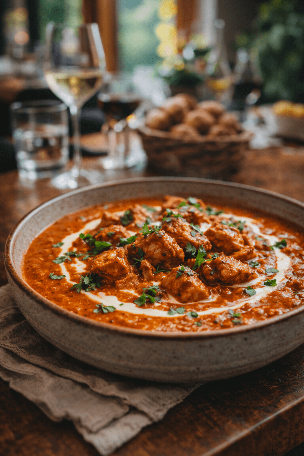 A beautifully arranged table with various dishes, fruits, and wine, evoking a warm dining atmosphere.