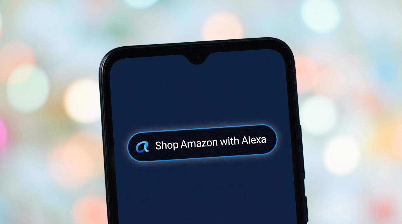 A close-up shot shows a smartphone screen displaying the text "Shop Amazon with Alexa" within a glowing blue outline. The phone is held at an angle, with the background blurred into colorful bokeh lights.